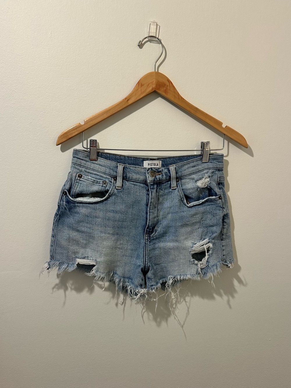 pistola light blue distressed denim cutoff shorts